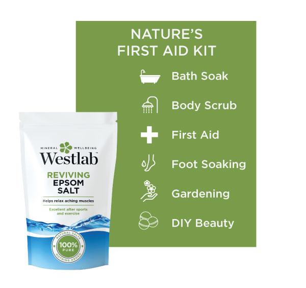 WestLab-Epsom-bitter-zout-rijk aan magnesium. Ontspant spieren na sporten. Eerste hulp middel van de natuur.