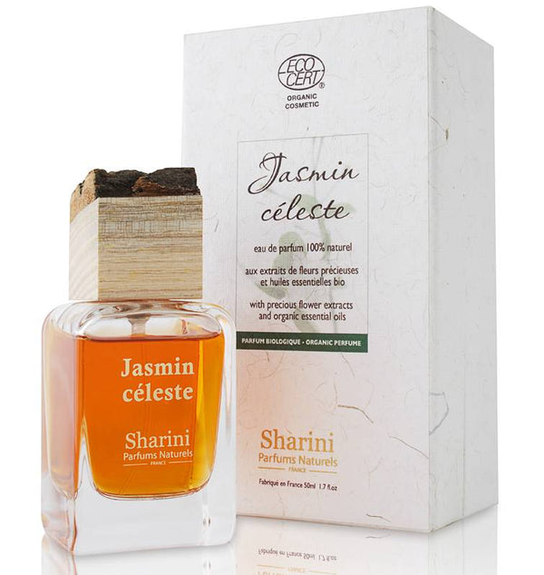 Sharini-biologische-parfums-Jasmin-Celeste. Grapefruit, bloedsinaasappel, jasmijn, roos, neroli, petitgrain, benzoin, cabreuva, hibiscuszaad, ceder